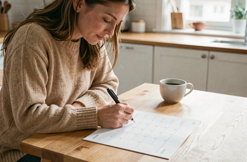 Femme consultant un calendrier papier imprimé avec semaines paires et impaires sur une table en bois