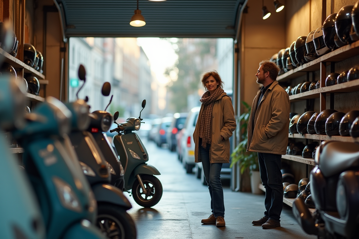Femme discute avec un vendeur de scooters dans un garage