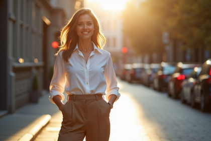 Femme confiante en ville avec pantalon taille haute