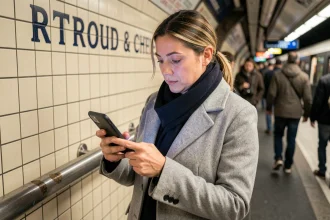 Femme consultant l'application RATP Info sur son smartphone dans une station de métro parisienne