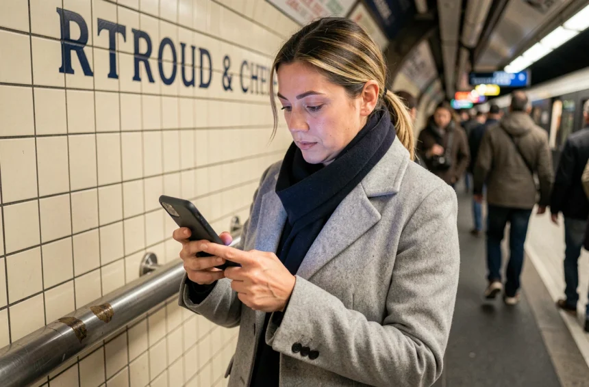 Femme consultant l'application RATP Info sur son smartphone dans une station de métro parisienne