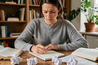 Femme concentrée corrigeant une faute de grammaire dans un cahier manuscrit à son bureau