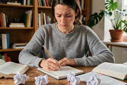 Femme concentrée corrigeant une faute de grammaire dans un cahier manuscrit à son bureau