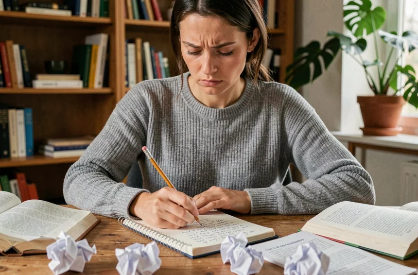 Femme concentrée corrigeant une faute de grammaire dans un cahier manuscrit à son bureau