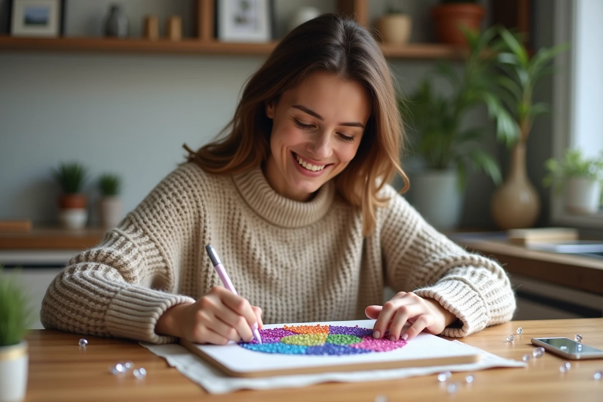 Femme souriante créant une mosaïque de résine dans la cuisine