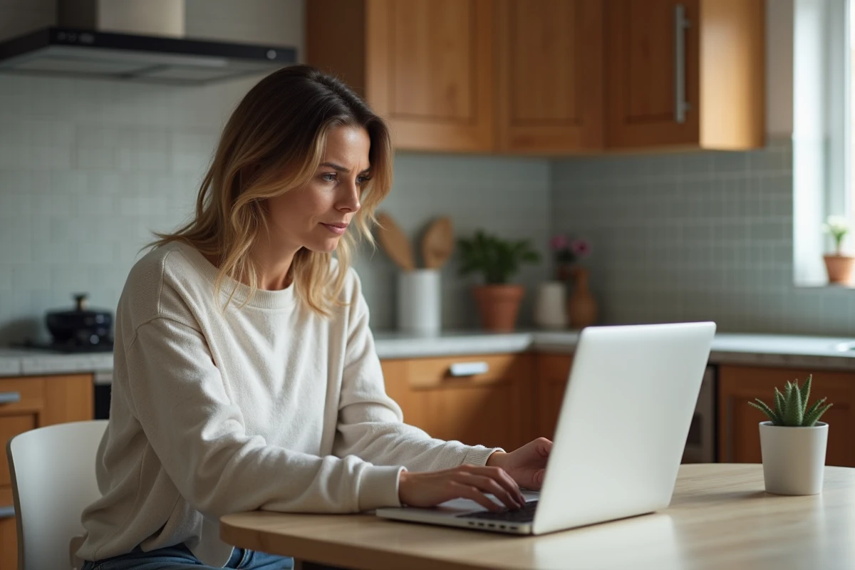 Femme d'une trentaine d'années devant un ordinateur dans la cuisine