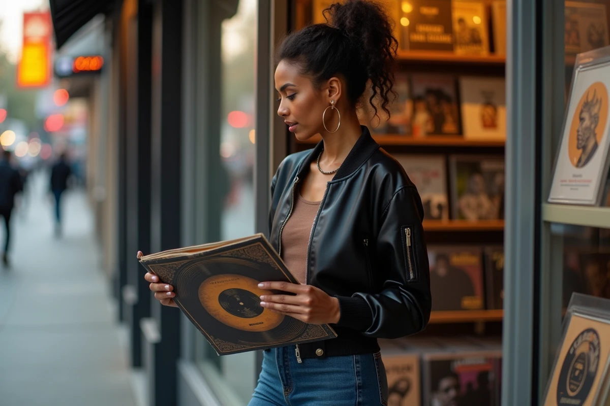 Femme tenant un vinyle devant un magasin de disques spécialisé en rap américain