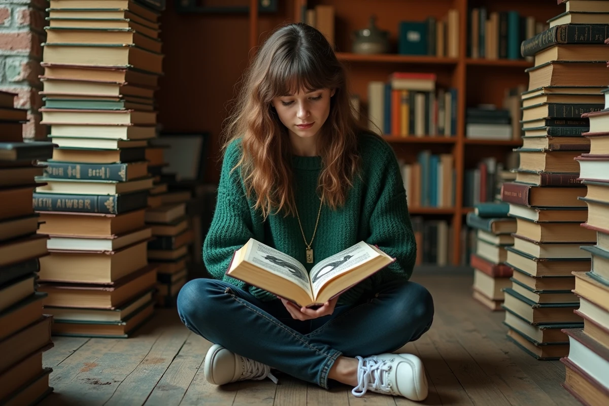 Femme lisant une encyclopédie illustrée de dragons dans une librairie de livres fantasy