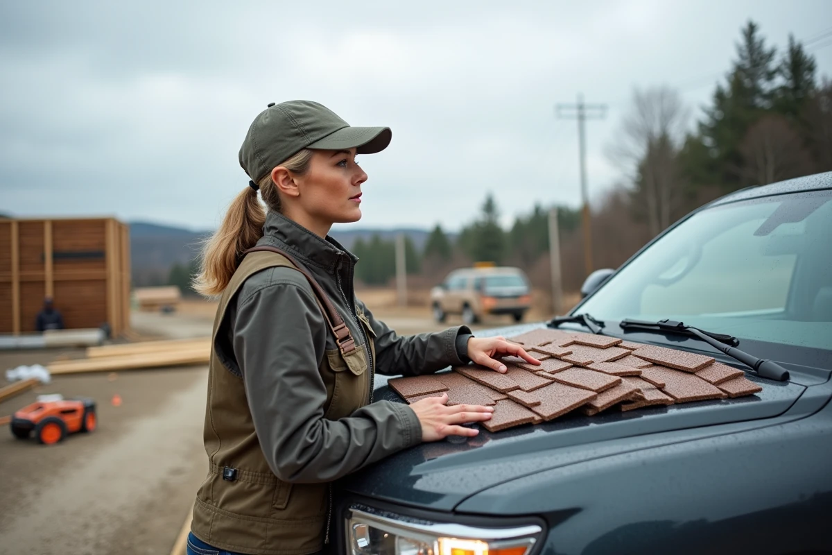 Femme examinant des échantillons de tuiles sur le chantier