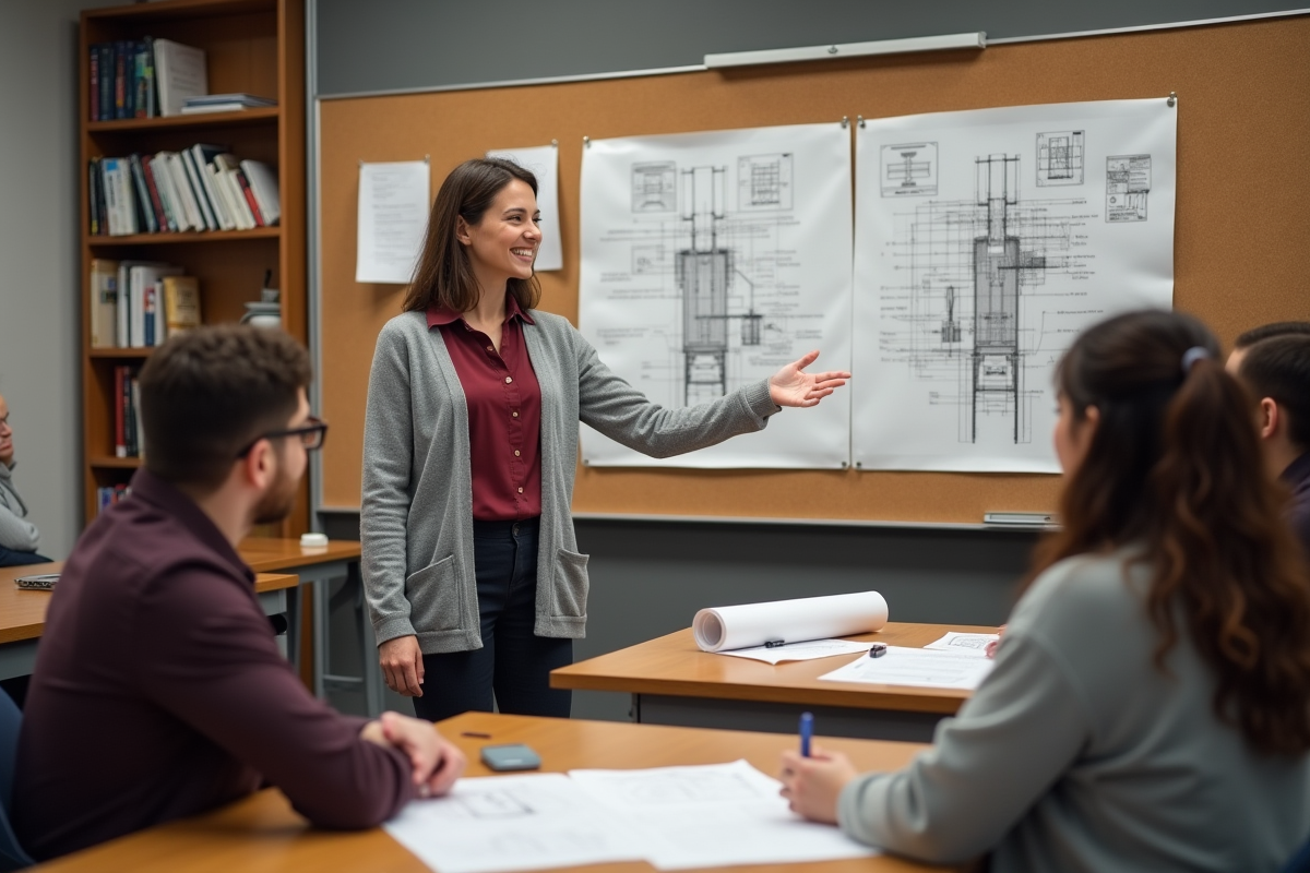 Femme expliquant un dessin technique à des étudiants