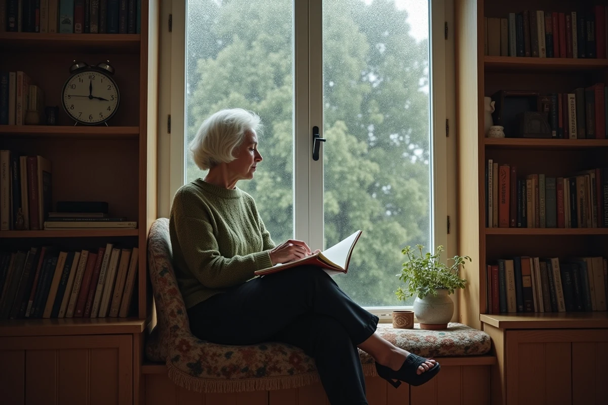 Femme assise près d'une fenêtre sous la pluie avec un journal ouvert et une horloge marquant 14h41, symbolisant l'introspection et les avertissements de l'heure miroir