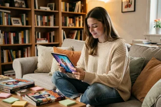 Jeune femme contemplant un personnage de fiction sur sa tablette, illustrant l'influence des relations fictives sur les attentes amoureuses en 2026