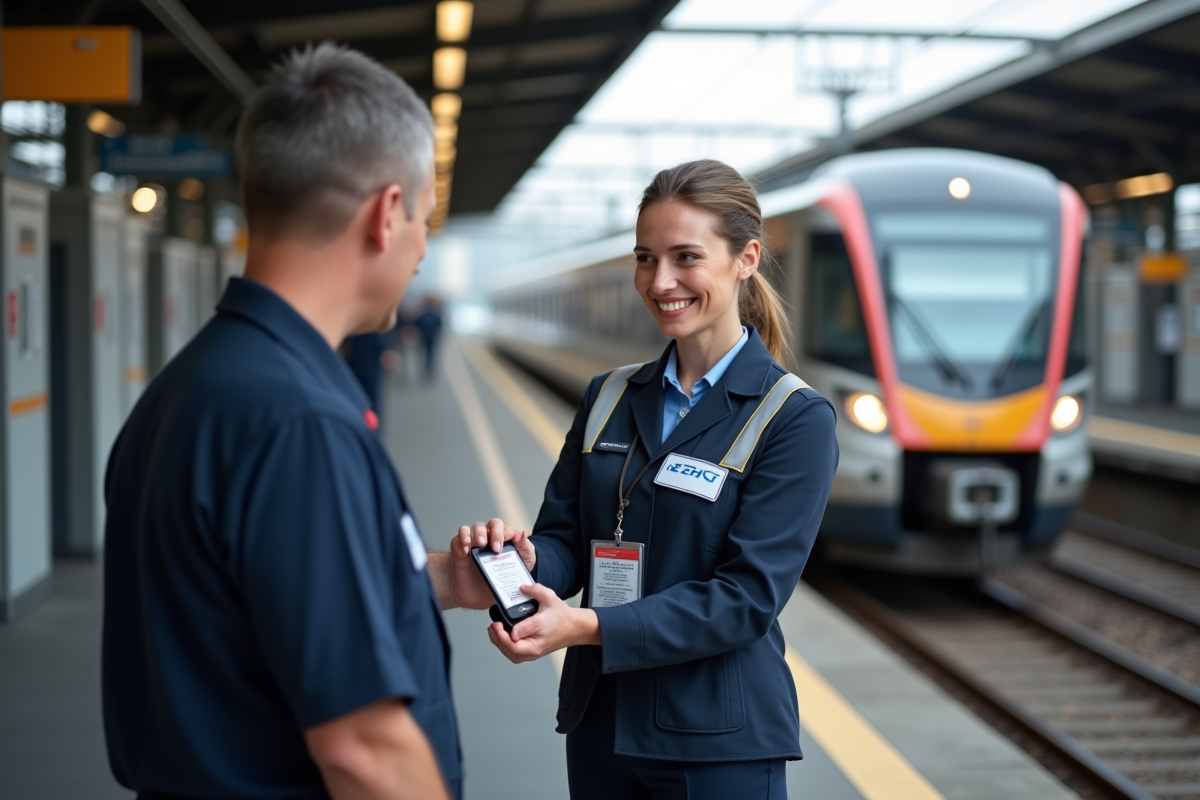 Femme en uniforme SNCF montrant sa carte dans la gare