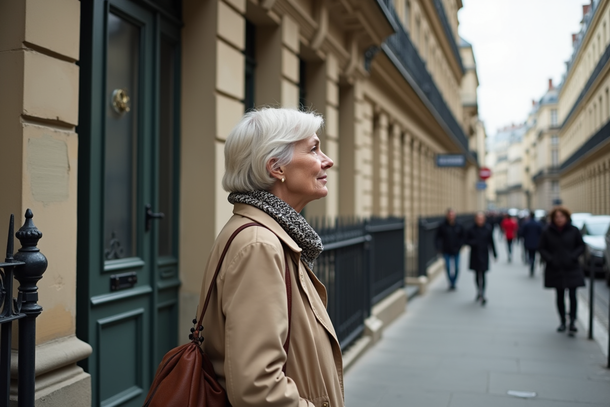 Femme âgée devant immeuble haussmannien à Paris