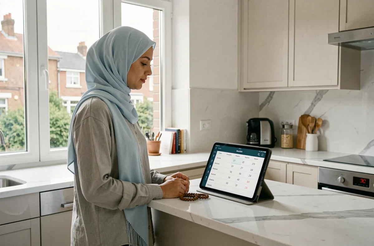 Femme en hijab consultant un planning de prière numérique sur tablette dans une cuisine moderne à Athis-Mons
