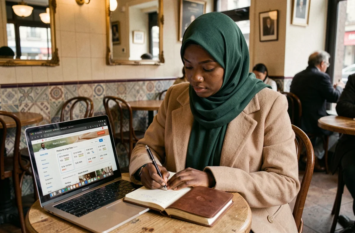 Femme notant les horaires de prière dans un café à Nantes avec un ordinateur portable ouvert