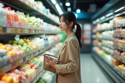 Jeune femme japonaise en costume regardant les prix en supermarche