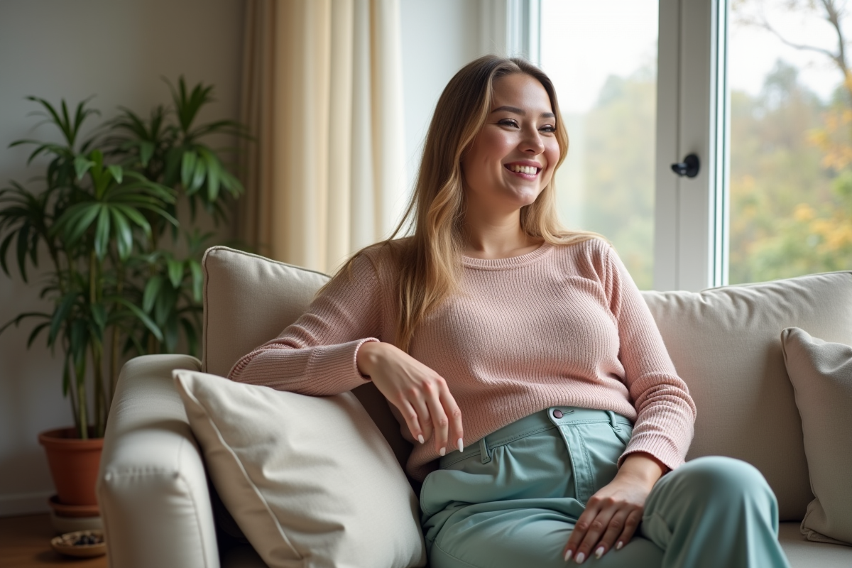 Femme heureuse en salon avec pantalon large et top pastel