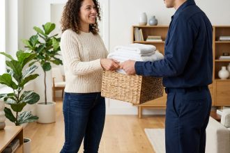 Femme faisant la lessive dans un appartement moderne