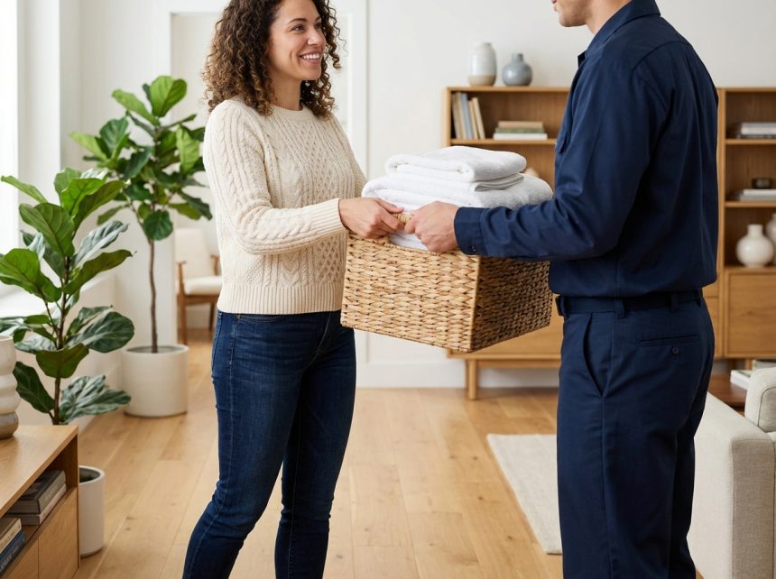 Femme faisant la lessive dans un appartement moderne