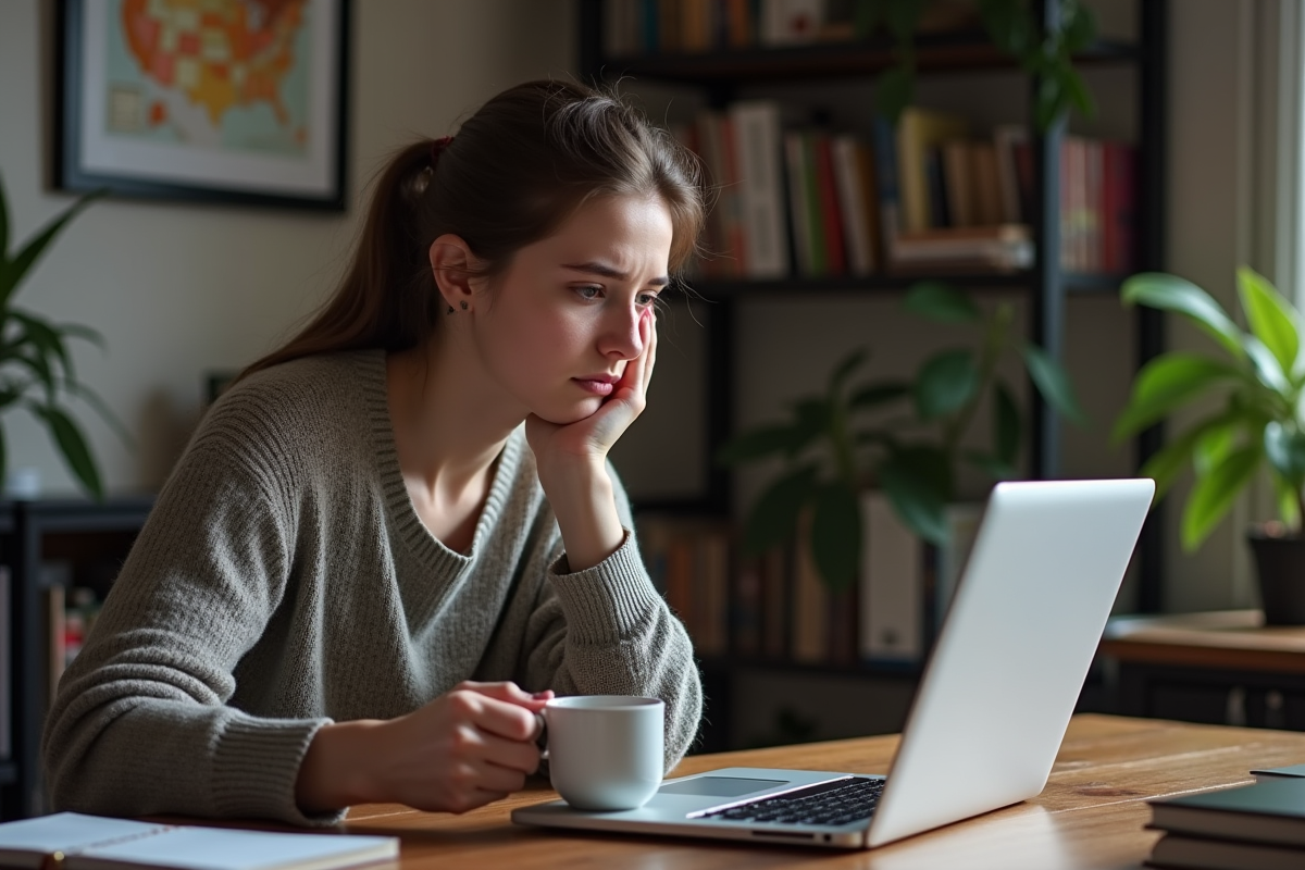 Jeune femme anxieuse regardant son ordinateur portable