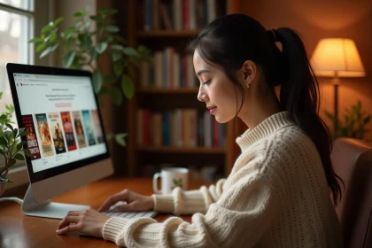 Femme lisant des romans numériques sur un ordinateur de bureau avec une bibliothèque d'ebooks bien organisée
