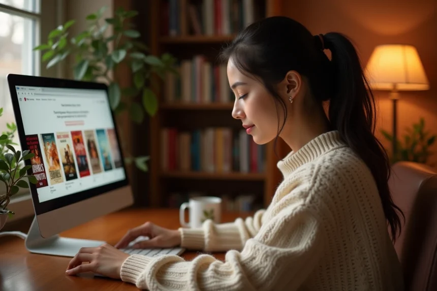 Femme lisant des romans numériques sur un ordinateur de bureau avec une bibliothèque d'ebooks bien organisée