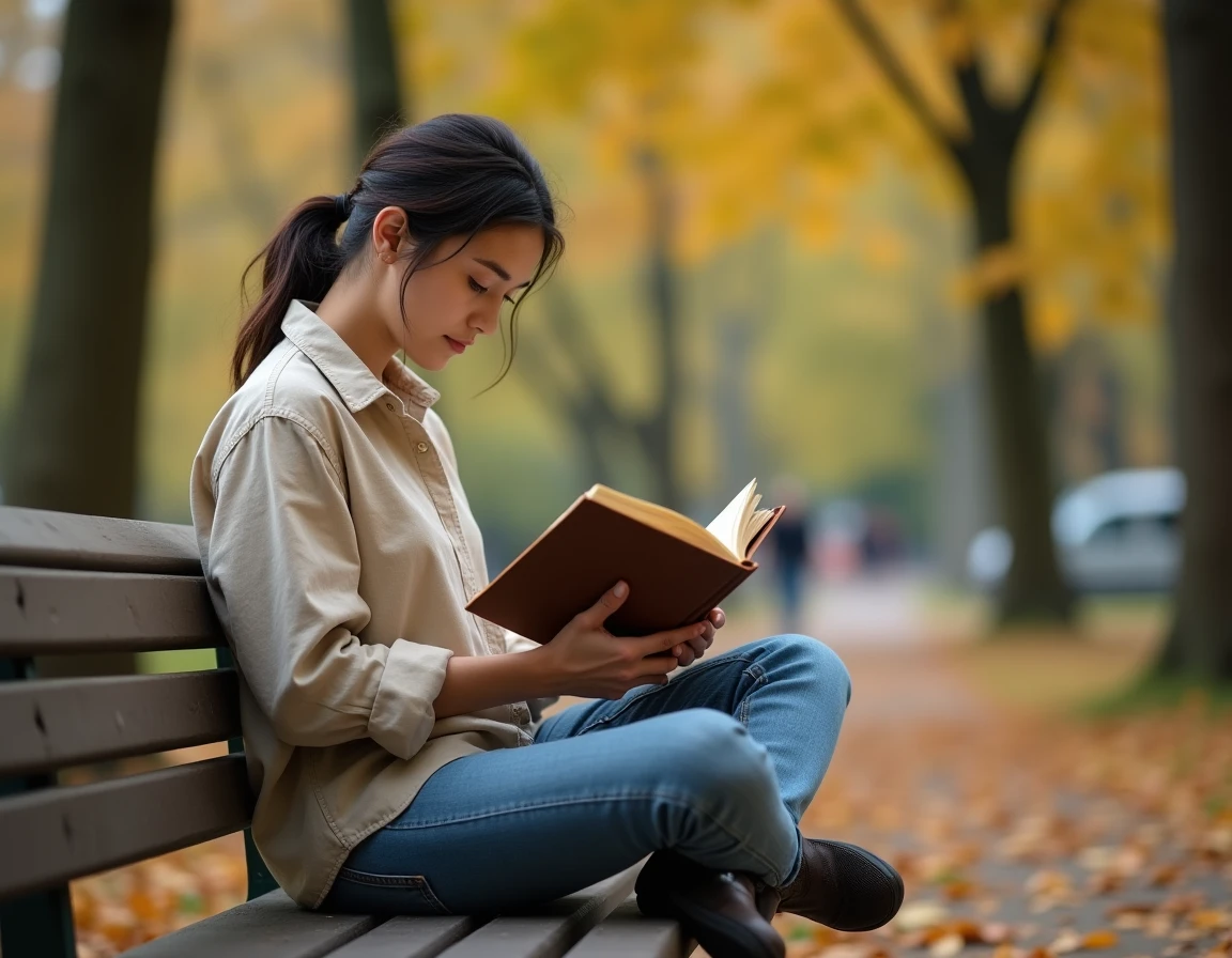 Jeune femme lisant un livre de philosophie de Schopenhauer en plein air dans un parc en automne