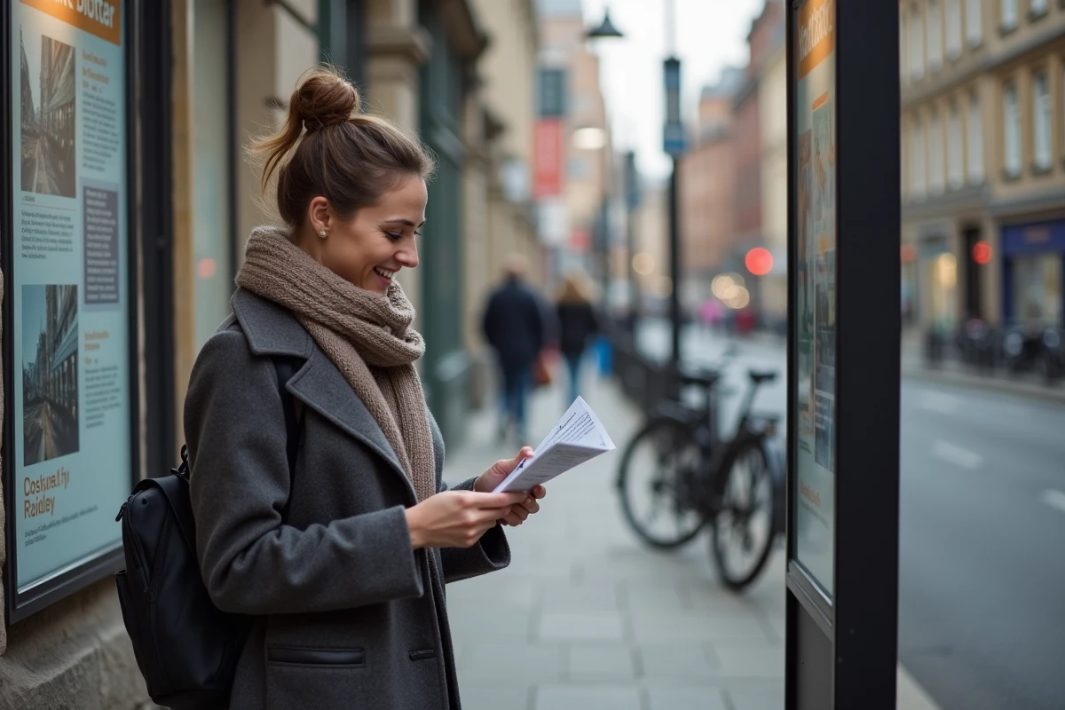 Femme lisant une affiche dans une rue urbaine calme