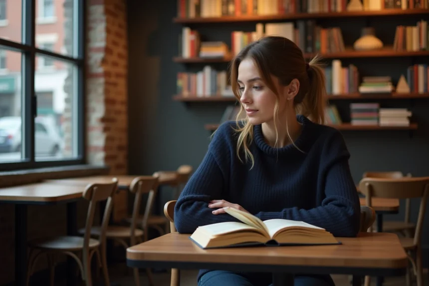 Femme concentrée lisant un roman dans un café urbain