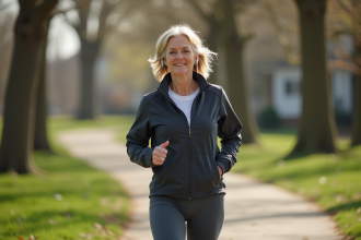 Femme en leggings et veste marchant dans un quartier au printemps