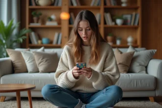 Jeune femme jouant à Monopoly GO sur smartphone avec une expression de joie sur un canapé