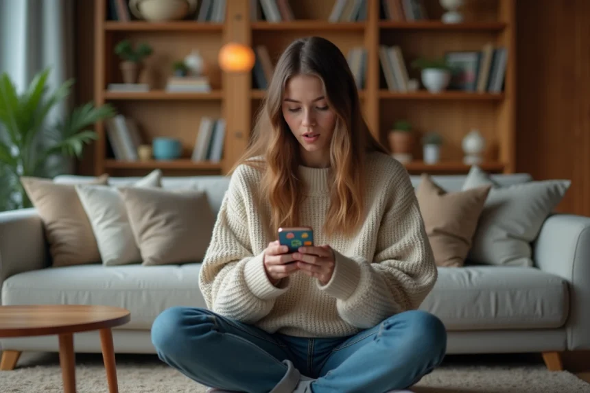 Jeune femme jouant à Monopoly GO sur smartphone avec une expression de joie sur un canapé