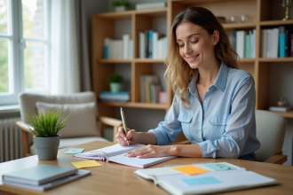 Jeune femme organisée avec planner dans un salon lumineux