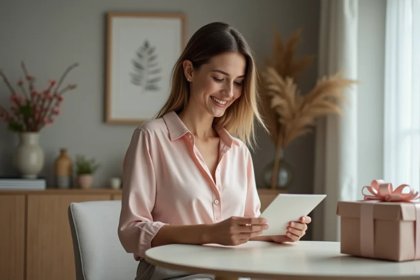 Femme souriante ouvrant une carte d anniversaire dans un int&eacute;rieur &eacute;l&eacute;gant