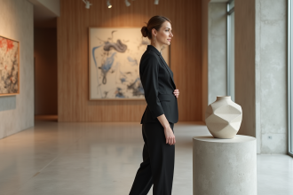 Femme élégante en pantalon contemporain dans une galerie minimaliste