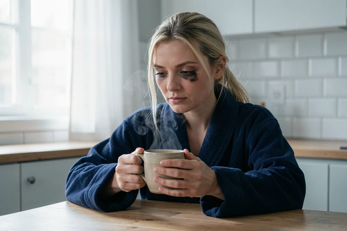 Femme pensive le matin avec café, regard absent après une mauvaise nuit de sommeil et cauchemar