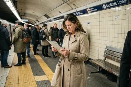 Femme parisienne consultant un plan du métro ligne 4 sur un quai bondé en travaux, illustrant les perturbations quotidiennes des transports en commun à Paris