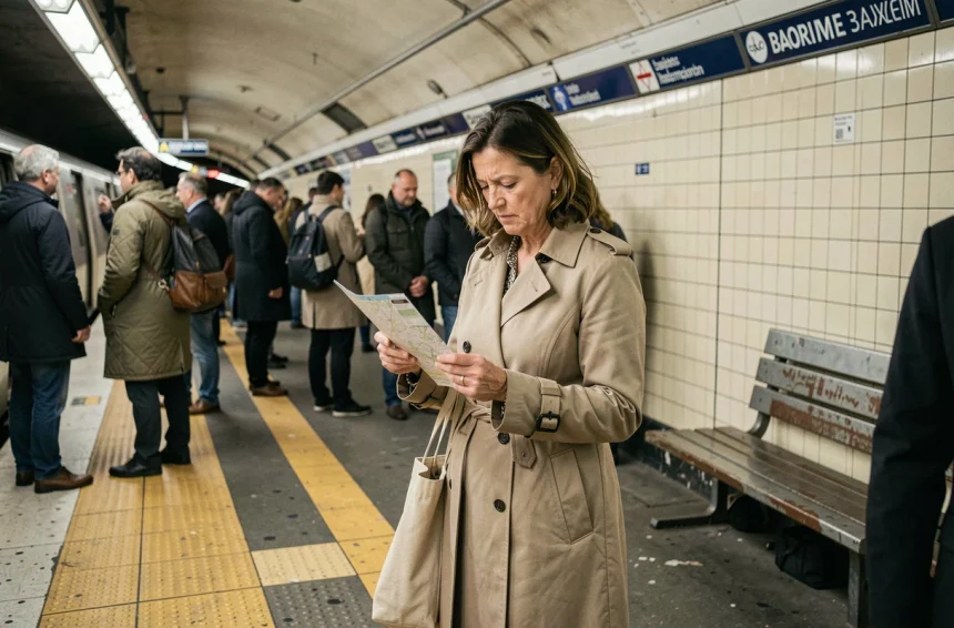Femme parisienne consultant un plan du métro ligne 4 sur un quai bondé en travaux, illustrant les perturbations quotidiennes des transports en commun à Paris