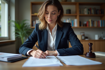 Femme en costume bleu dans un bureau moderne