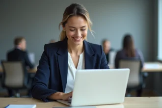 Femme professionnelle relisant un document corrigé sur son ordinateur portable dans un bureau moderne, illustrant la crédibilité écrite grâce à un correcteur orthographique
