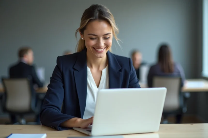Femme professionnelle relisant un document corrigé sur son ordinateur portable dans un bureau moderne, illustrant la crédibilité écrite grâce à un correcteur orthographique