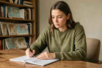 Femme concentrée répondant à un quiz de géographie sur la capitale avec un stylo et un cahier ouvert