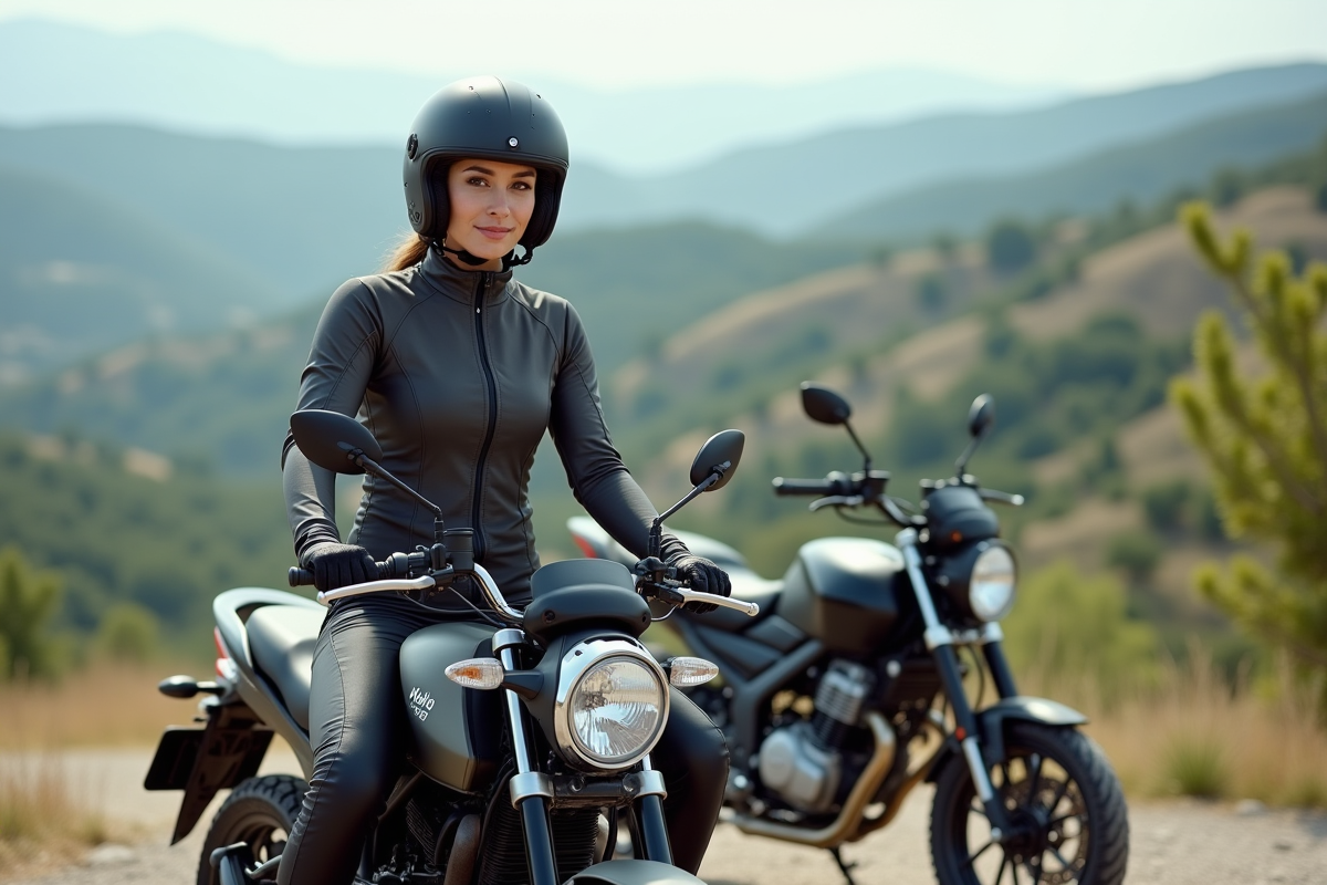 Femme en équipement moto sur une route de campagne
