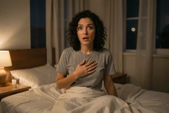 Femme réveillée en sursaut dans son lit après un cauchemar, expression effrayée, chambre sombre la nuit