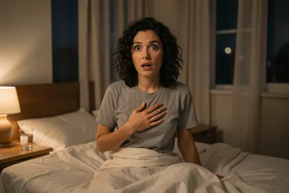 Femme réveillée en sursaut dans son lit après un cauchemar, expression effrayée, chambre sombre la nuit