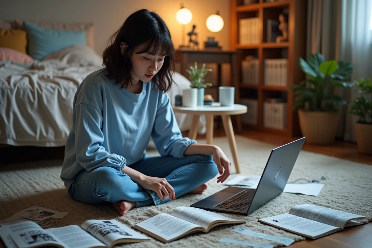 Jeune femme retouchant des pages manga scannées sur tablette graphique entourée de volumes manga sur le sol
