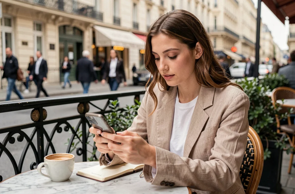 Jeune femme consultant son smartphone en terrasse de café parisien, comparant des plateformes de contenu en ligne