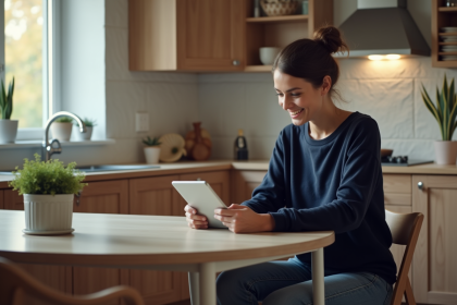 Femme souriante utilisant une application bancaire sur tablette