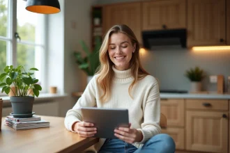 Jeune femme souriante utilisant une tablette dans la cuisine